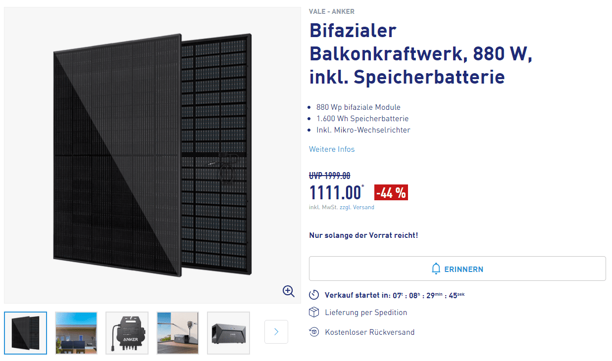 Anker Bifaziales Balkonkraftwerk 880W inkl. Speicherbatterie für nur 1111€ statt 1999€ im Aldi Onlineshop!