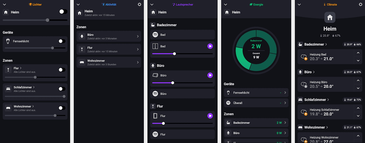 Homey Dashboard Unterseiten