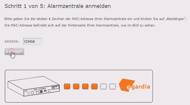Trage hier die MAC-Adresse der Alarmanlage ein.